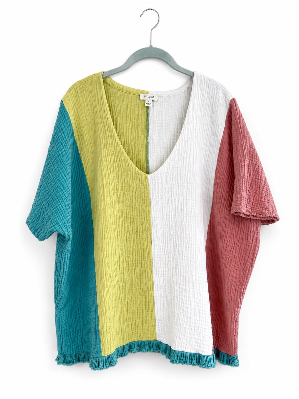 Umgee Cotton Gauze Colorblock Tunic Top Large Oversized Boho Frayed Fringe Hem